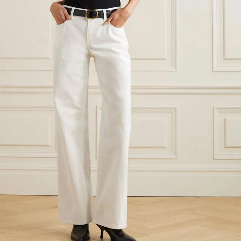 2024 Spring and Summer New Minimalist High-waisted Loose Wide-leg Denim Floor-length Trousers for Women