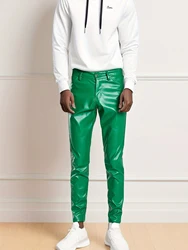 Lightweight men's green leather pants, suitable for Spring and Summer, fashionable and slim fit, mens leather pants