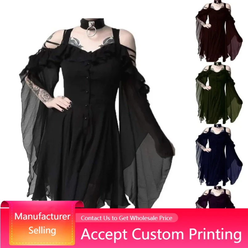 

Halloween Gothic Irregular Ruffled Skirt Shawl Tulle Strappy Off-shoulder Maxi Dress With Flared Sleeves And Irregular Buttons