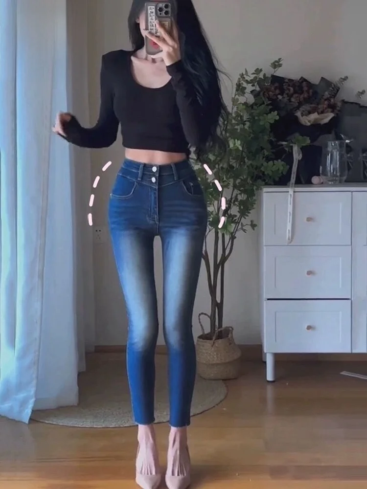 

High Waist Double Bule Elastic Slim Fit Pencil Nine Point Jeans Trendy Women's Premium Denim Cotton Stretch Anti-Wrinkle