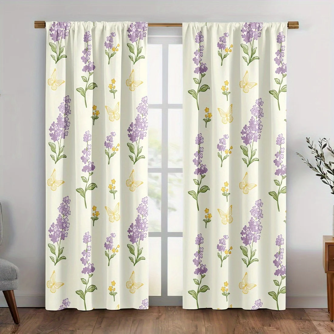 Elegant Floral Print Curtains with Purple Lilac Pattern Sheer Light Filtering Window Drapes for Living Room Bedroom