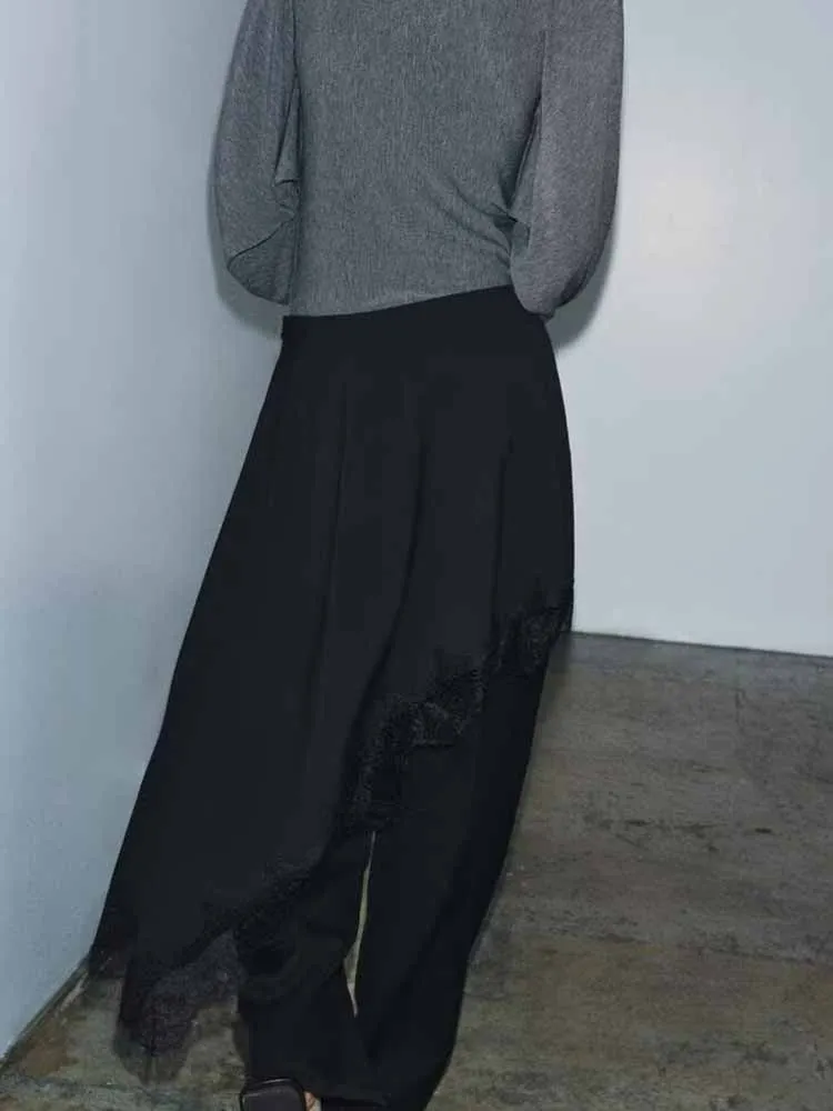 유럽과 미국 스타일의 겨울 신상 여성 패션 심플 캐주얼 다용도 슬림핏 비대칭 레이스 미디 스커트