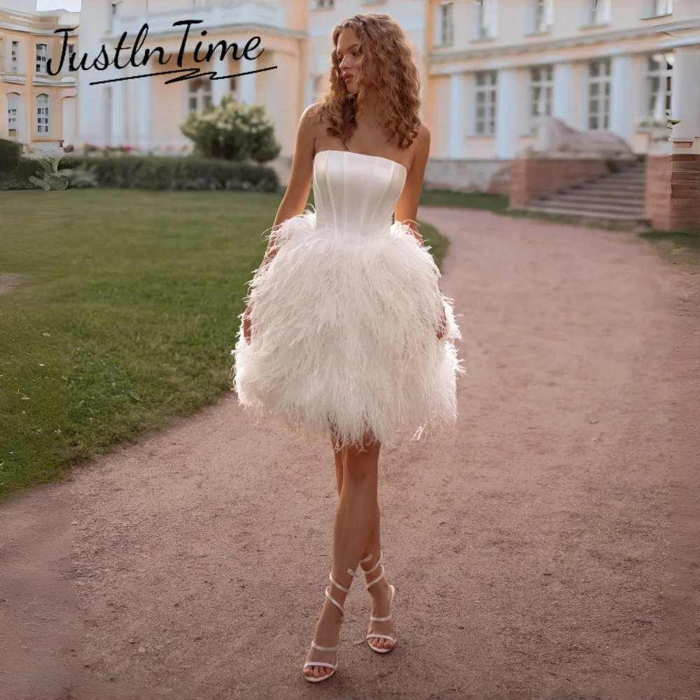 JUSTLNTIME Exquisite Strapless Seeveless Mini Ball Gown Wedding Dress Corset Feather 2026 Bridal Customized Vestido De Novia