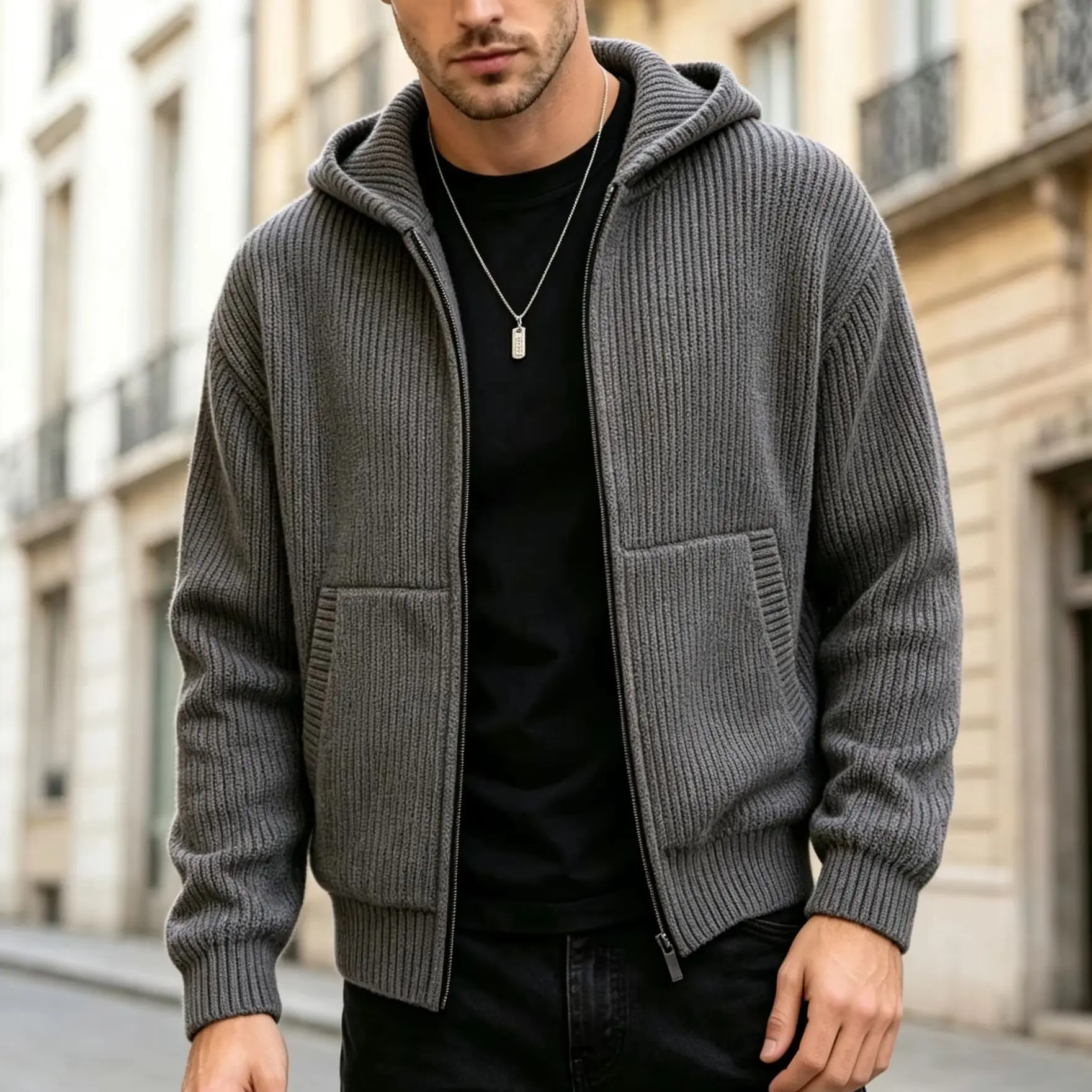 Herren Strickjacke mit Reißverschluss und Kapuze, locker geschnittene gerippte Strickjacke mit Taschen, langen Ärmeln, einfarbig, Streetwear für Herbst und Winter. – Detail 1