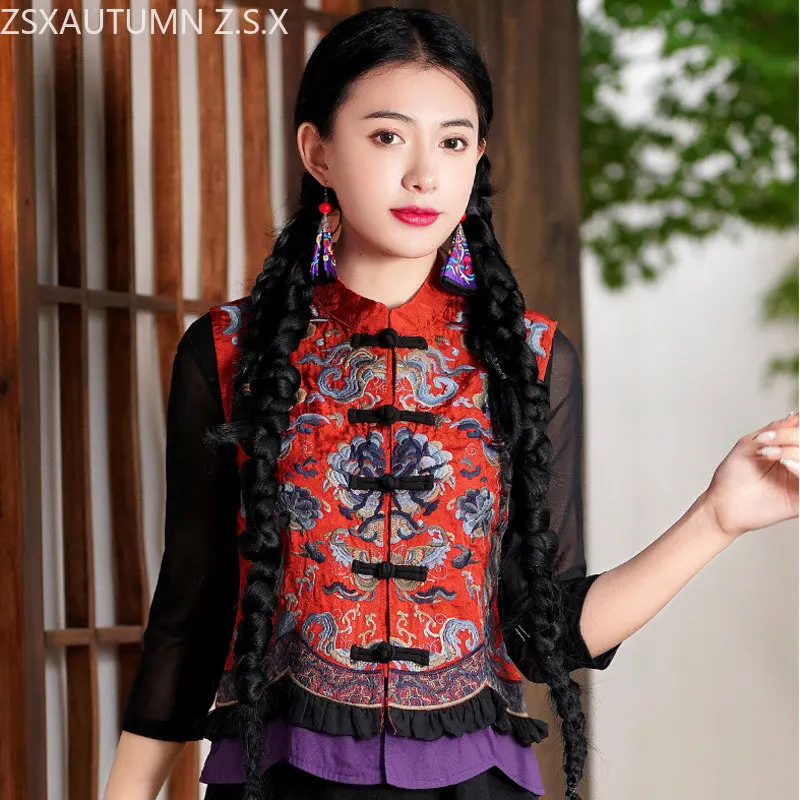 Chinese Style Fashion National Vest Women Embroidery Traditional Tang Suit Gilet Harajuku Vintage Female Casual Short Waistcoat