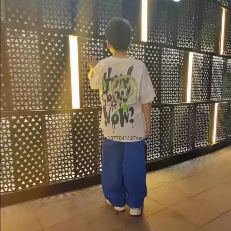 Girl's Jazz Dance Performance Dress, Children's Summer Loose Street Dance Performance Dress, White T-shirt+Blue Pants Set