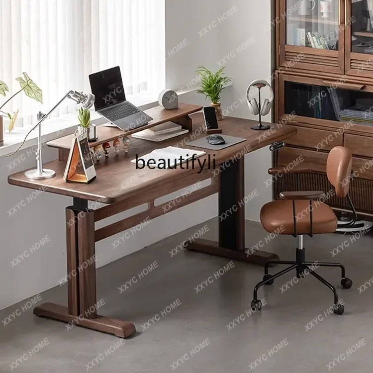 Y North American black walnut electric lifting desk solid wood smart office computer desk dual motor e-sports table