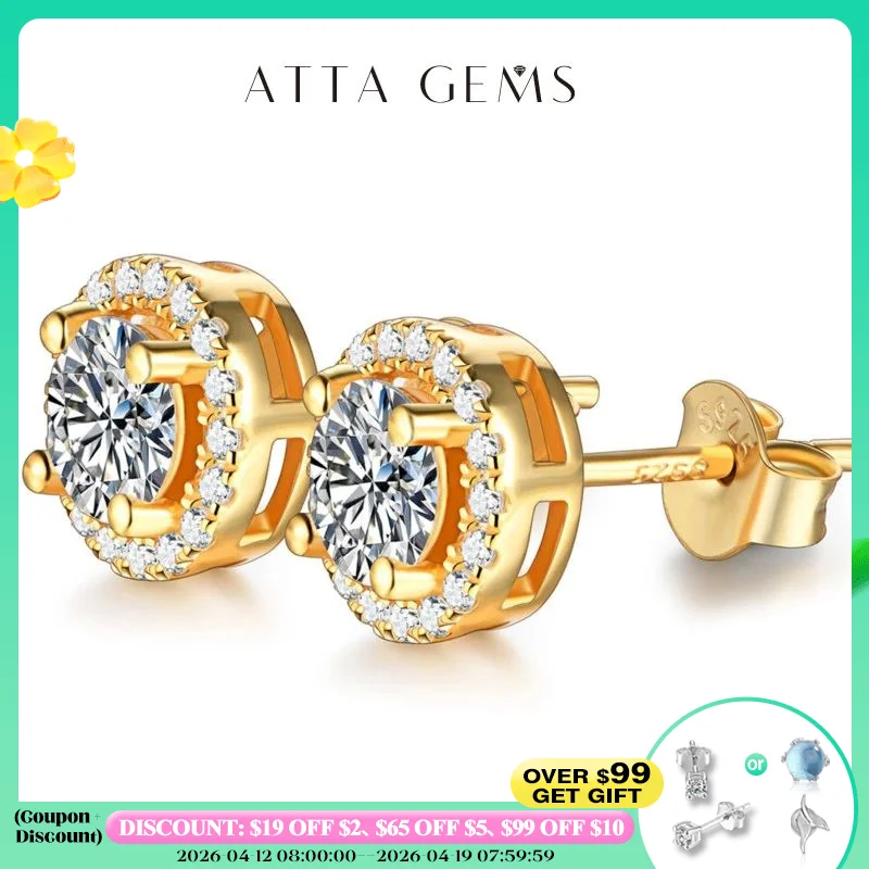 

ATTAGEMS 1 Carat D Color Moissatine Stud Earrings For Women 18K Gold Plated 100% 925 Sterling Silver Wedding Party Fine Jewelry