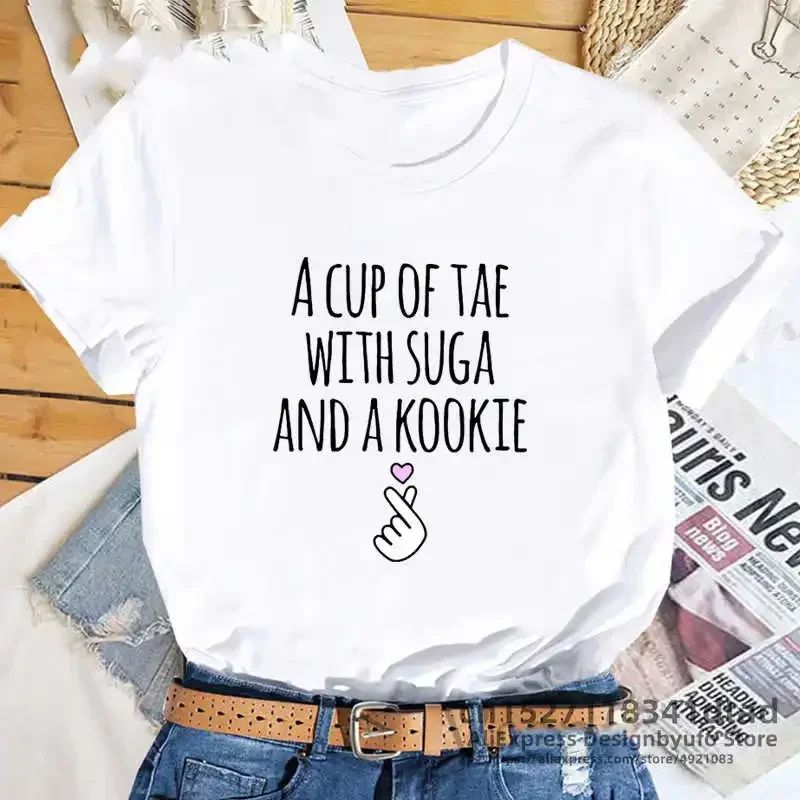 

A Cup of Tae with Suga and A Kookie Printed T-Shirt Women Korean Kdrama Idol Fashion Kpop Merch V Jhope Suga RM Jungkook Tee