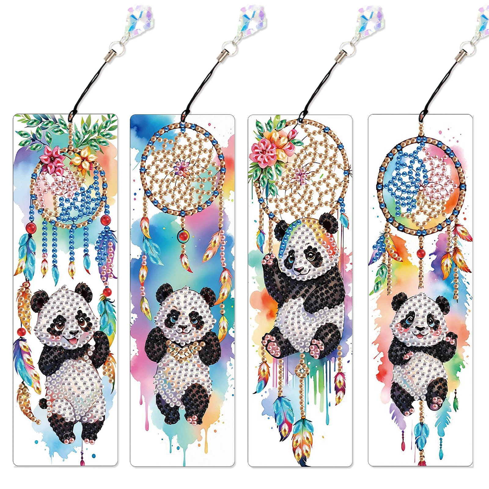 4PCS Diamond Art Painting Bookmark Kits,DIY Cute Panda Bookmarks Bling Crystal Pendant Bookmarks Art Gift for Adult Beginners