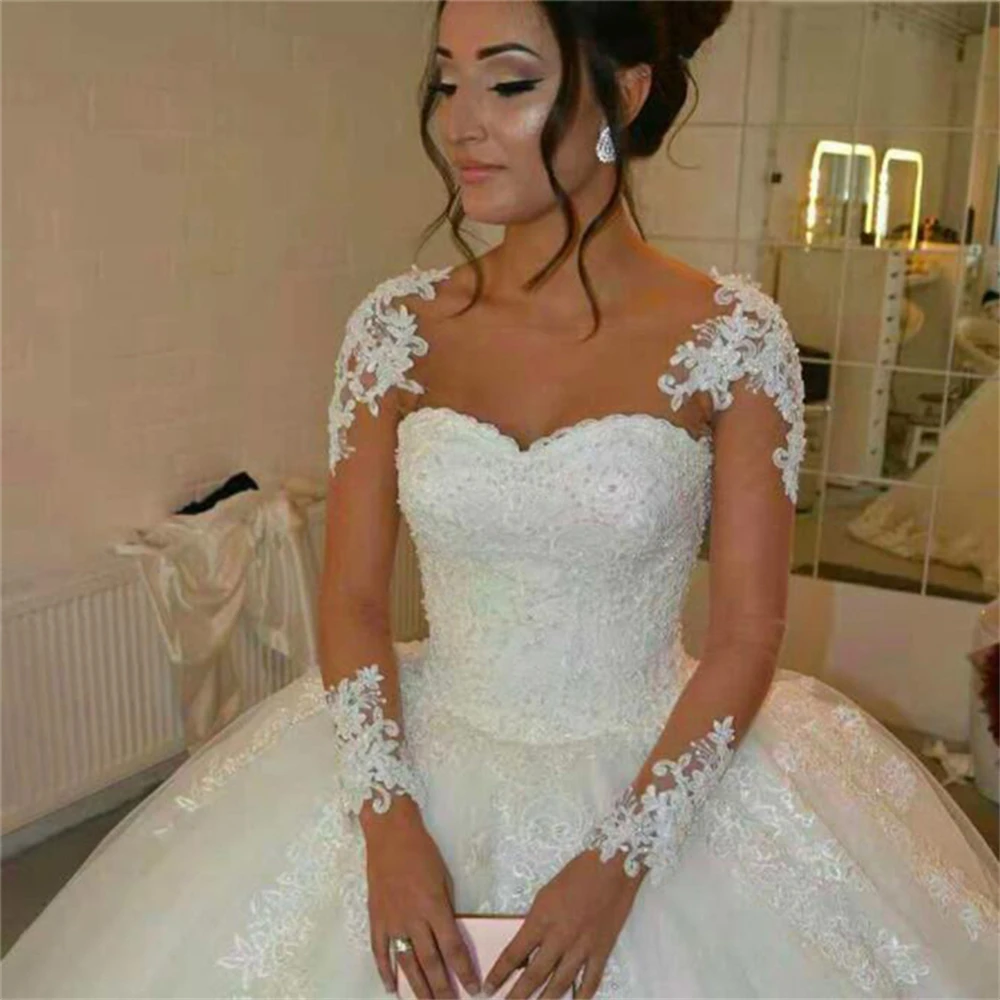 

ZJ9188 Princess Wedding Dresses For Woman Puff Sleeves Sweetheart Civil Bride Gowns Lace Applique A-Line