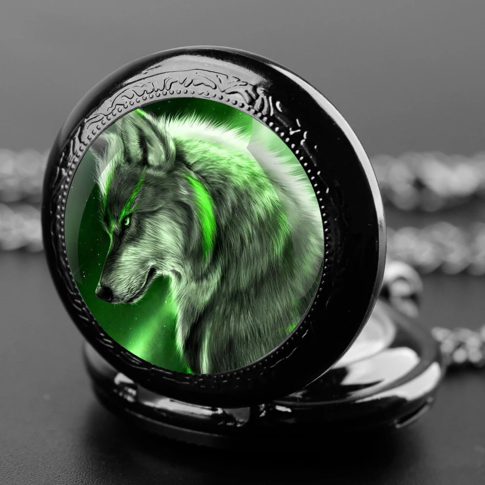 Reloj de bolsillo con diseño de lobo verde para hombre y mujer, pulsera de cuarzo con cúpula de cristal, cadena duradera, esfera de números árabes, regalos creativos