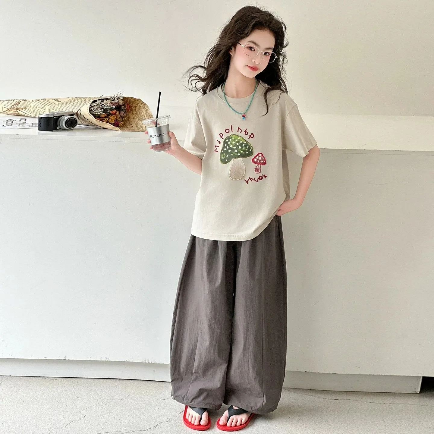 2026 Summer Girls Sports Set Kids Breathable Cute T-shirt Loose Pants 2 Piece Set High Street Fashion High Quality Kids Suit New