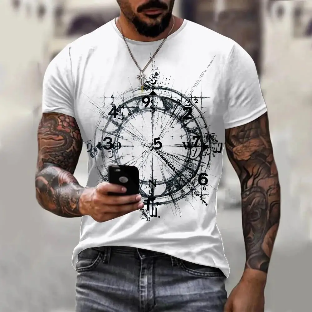 Men's Spring Summer 3D Printed Crew Neck T-Shirt, Vintage Broken Clock Compass Line Art Distressed Print Casual Leisure Tee