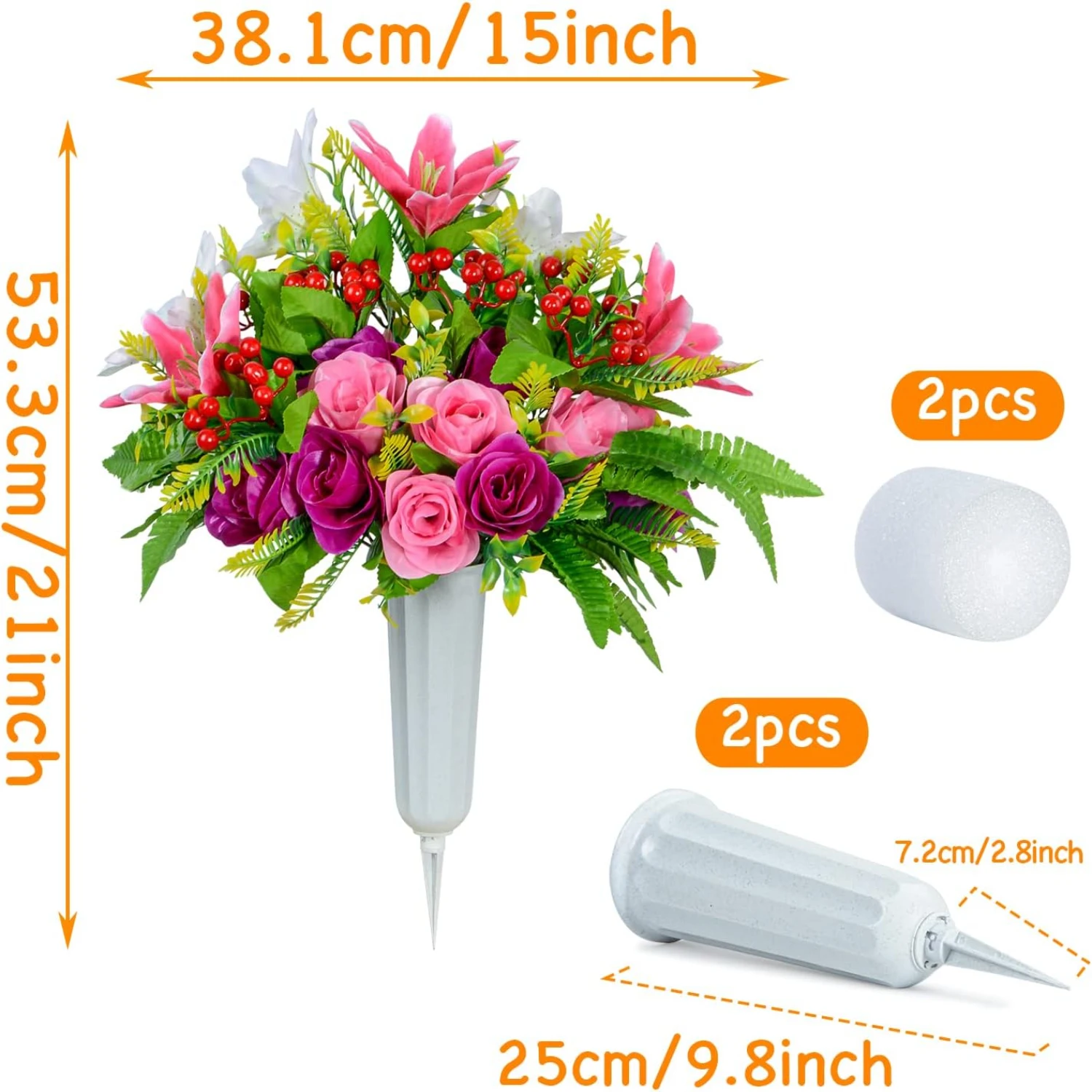

Elegant and Beautiful Set of 2 Realistic Artificial Rose Lily Bouquet Cemetery Flowers with Gorgeous Vase, Stunning Artificial G