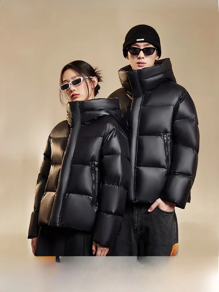 

Black Obsidian Goose down Jacket Snow mid Autumn New Couple Short Thickened Hooded Men's Style Commute Artistic Nylon Fiber