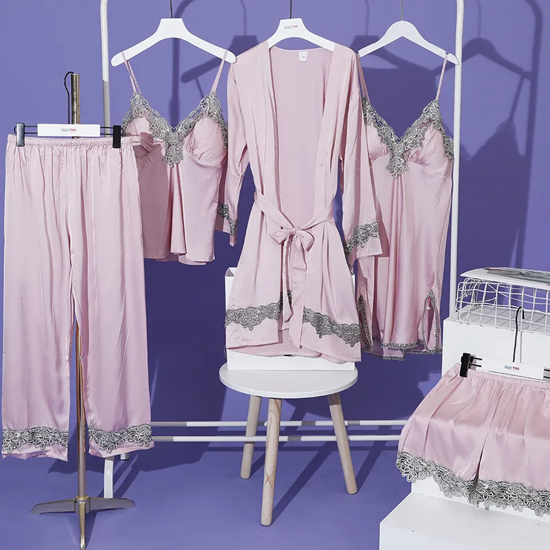 Women Robe Set Satin Sleepwear Lace Kimono Bathrobe Gown Sexy Nightwear Home Clothes Silky Bride Bridesmaid Dressing