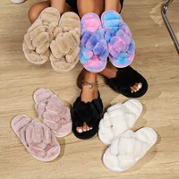 Women's Fluffy Cross Strap Fur Slippers Lightweight Soft Warm Plush House Slippers Woman Autumn Winter Flat Indoor Fuzzy Slides 3