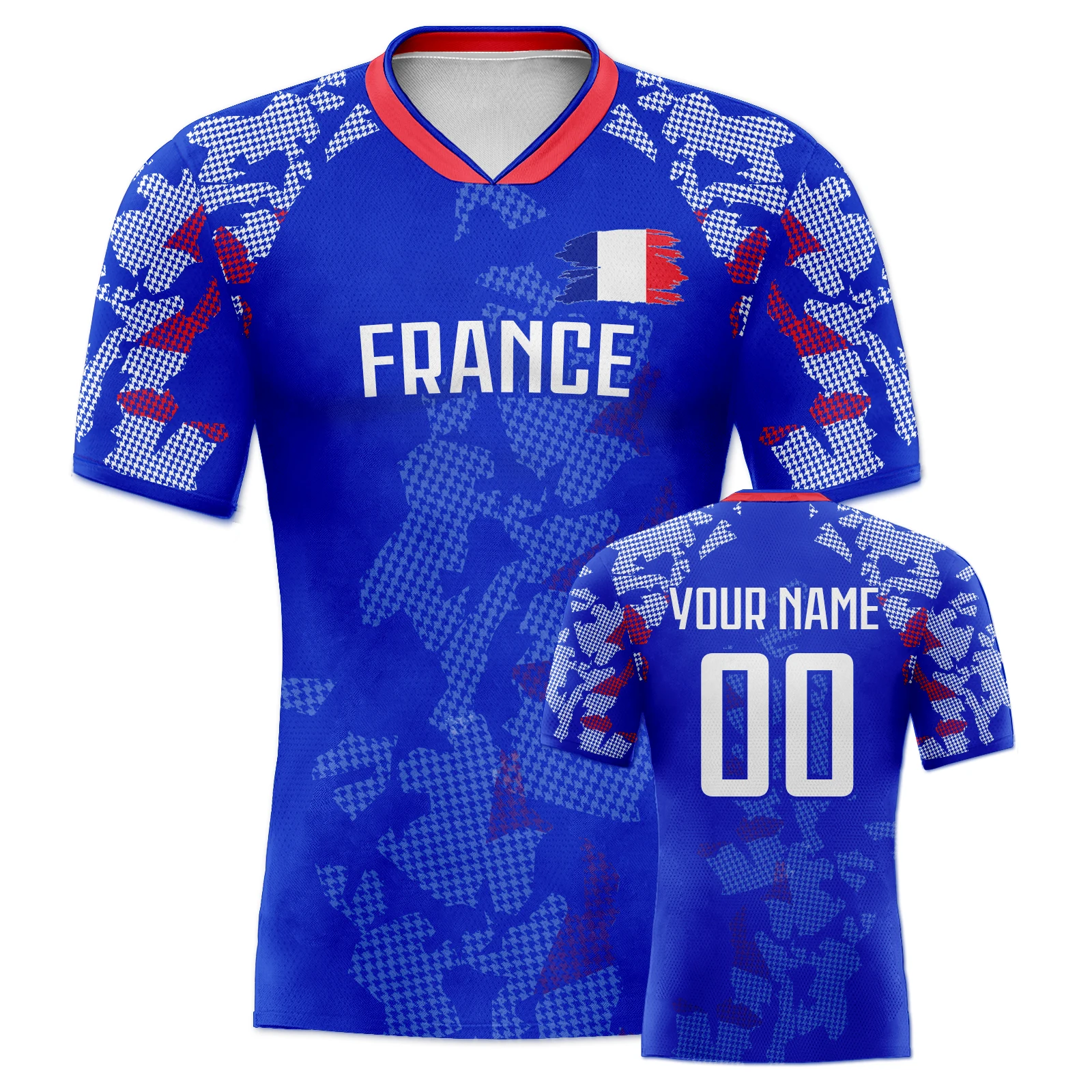 Custom France Soccer Jersey Personalized Name Number, National Team Football Shirt V-Neck Flag Design for Men Kids Women