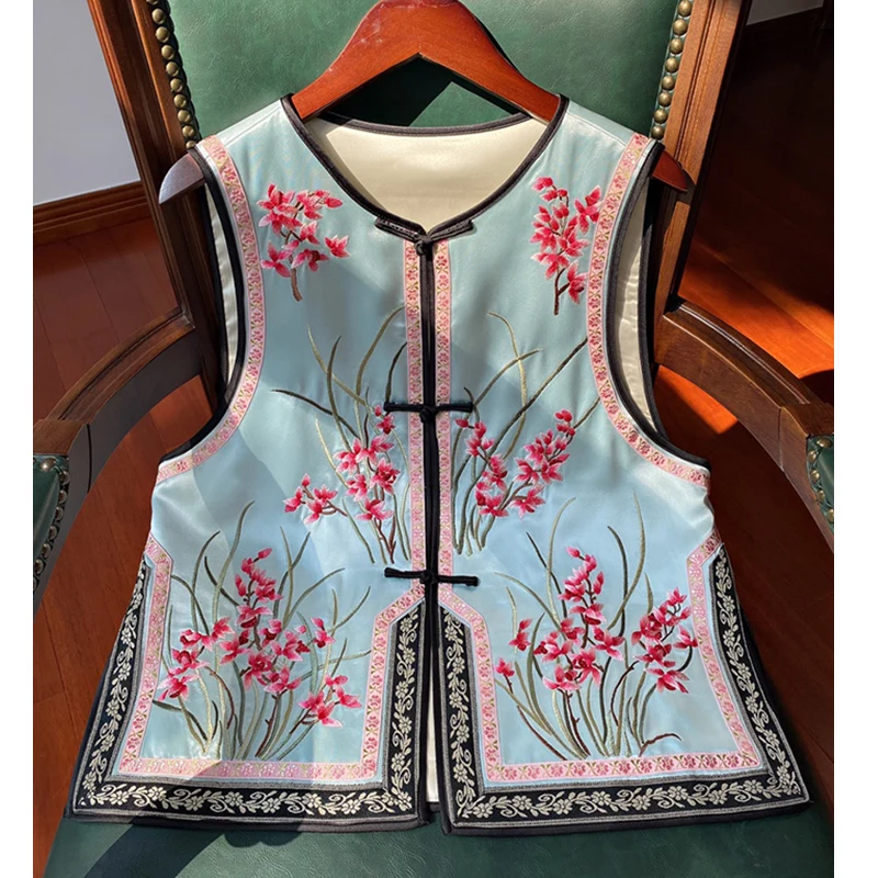 High Quality Spring New O-Neck Fashion Flower Embroidery Acetate Satin Chinese Style Single Breasted Vest for Women S-XXL