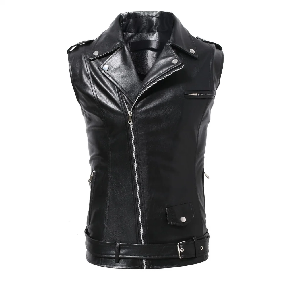 

Men's Sleeveless Slim Motorcycle Leather Jacket Fashion Baggy Fit Lapel Pu Vest Retro Biker Zipper Up Outwear Coat