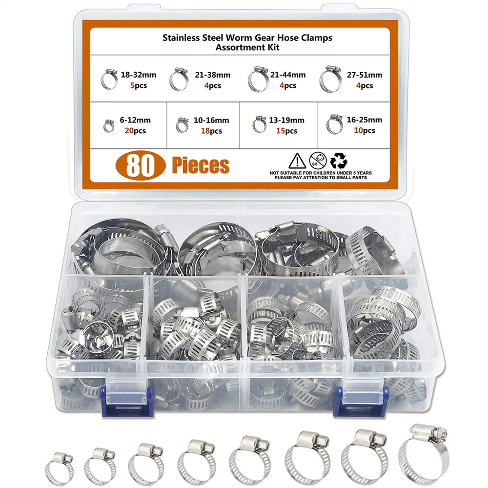 80pcs 8 Sizes Stainless Steel Hose Clamp Adjustable 6-51mm Range Worm Gear  Metal Fuel Line Hose Clamps Assortment Kit