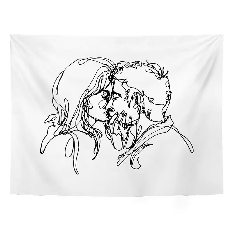 Abstract Line Art Couple Kissing Tapestry, Minimalist Portrait Wall Hanging for Bedroom Dorm Living Room Aesthetic Home Decor