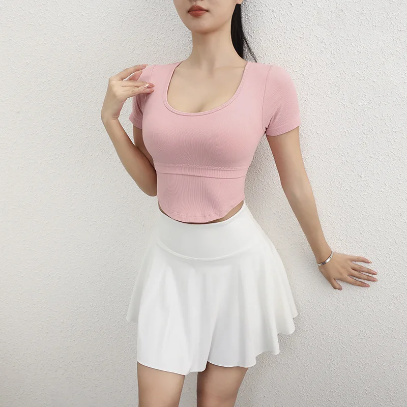 

Женский встроенный бюстгальтер, быстросохнущая футболка для фитнеса, облегающий топ для йоги, впитывающий пот, дышащая летняя футболка для бега, сексуальная