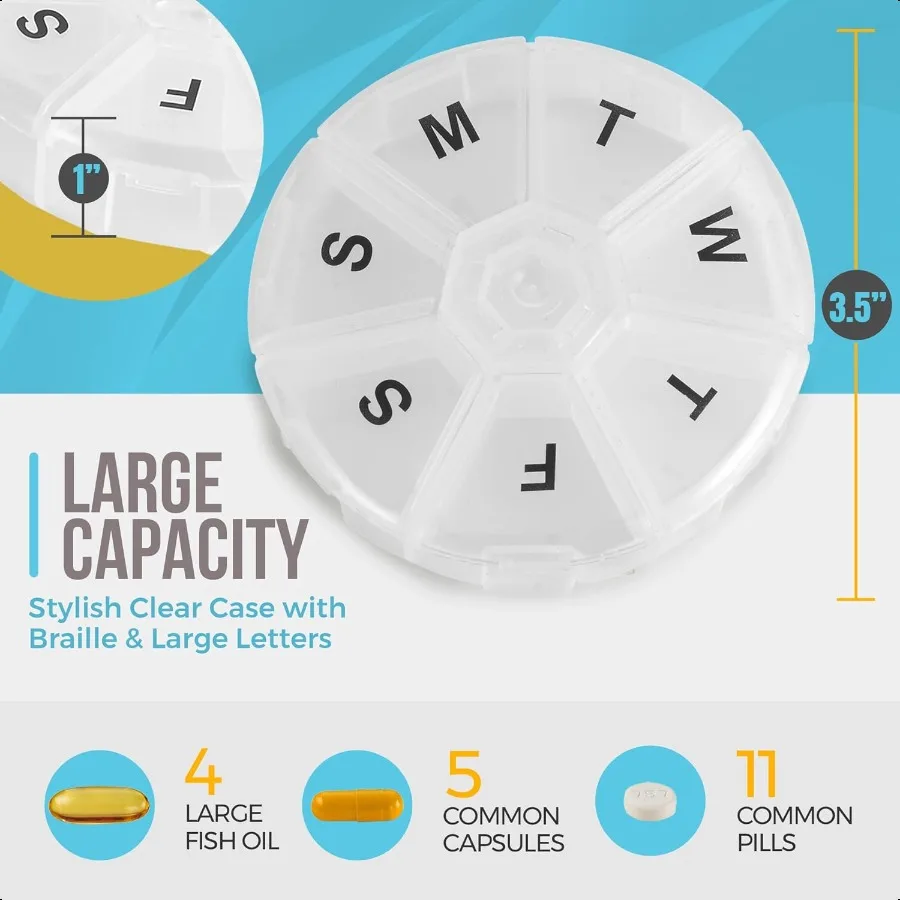 مجموعة منظم حبوب الدواء الأسبوعية مكونة من حاوية حبوب منع الحمل لمدة 7 أيام، صندوق منظم دواء دائري، علبة تذكير حبوب الأسبوع اليومي، صديقة للسفر