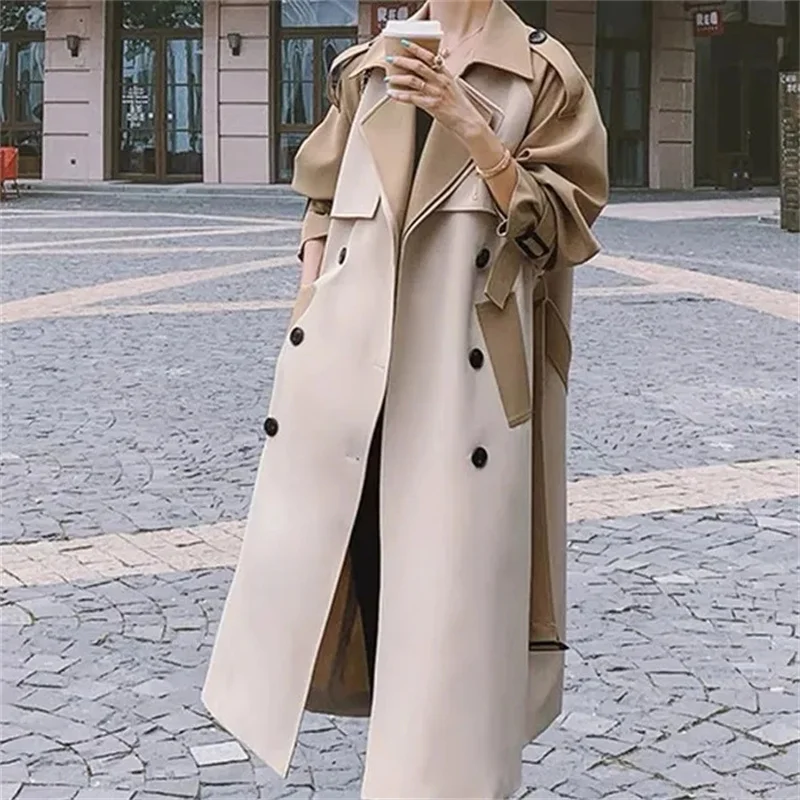 

Fashion Double-Breasted Windbreaker Women Long Spring and Autumn 2024 New High-Grade Contrast Stitching Knee-Length Coat Jacket