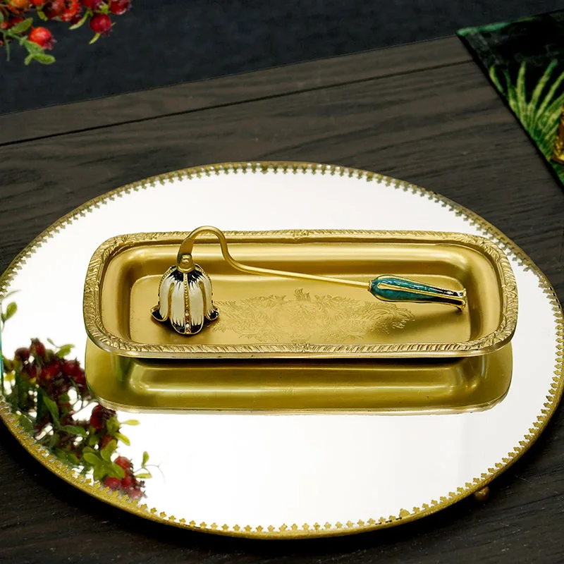 Brass Tray European-style Simple Retro Brass Thickened Long Storage Tray Fruit Plate Aromatherapy Tray Jewelry Plate Ornaments