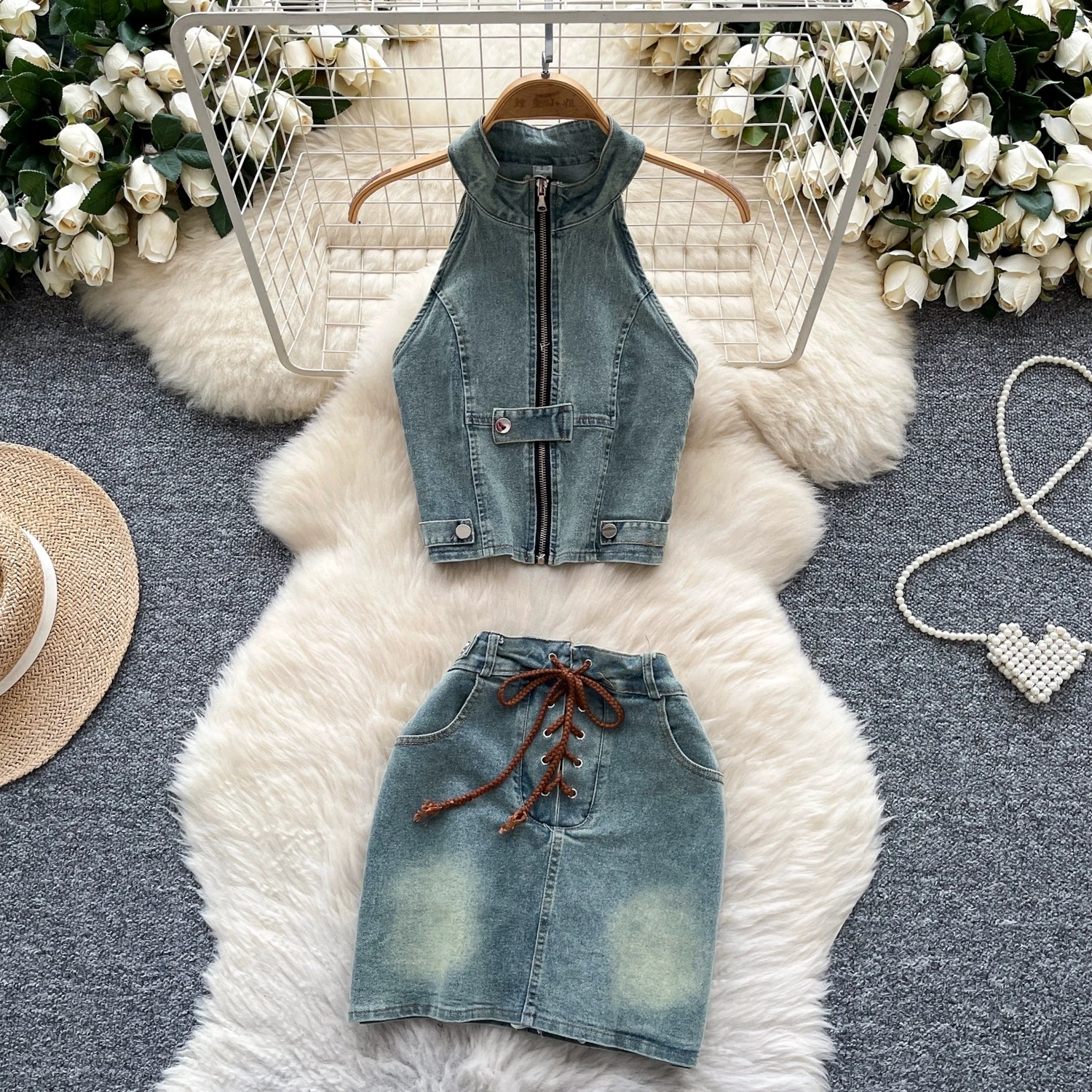 

American Retro Hot Girl Denim Set For Women Summer Design Zipper Halter Neck Sleeveless Crop Tops And High-Waisted Mini Skirts