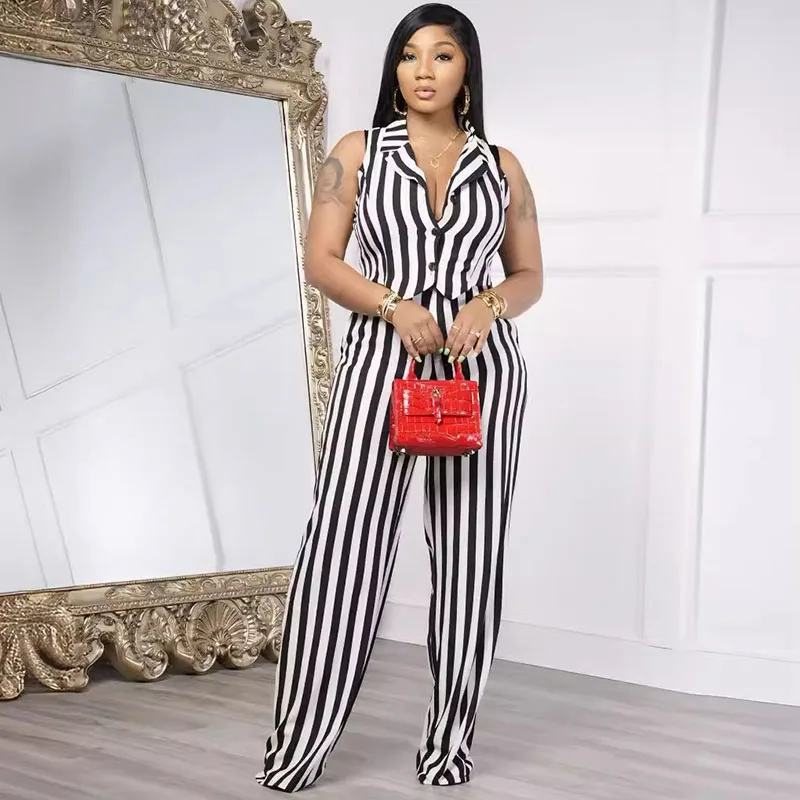 

Black White Striped Pants Set Women 2 Piece Outfits Blazer Style Vest Top and Wide Leg Pants Office Lady Matching Sets Workwear