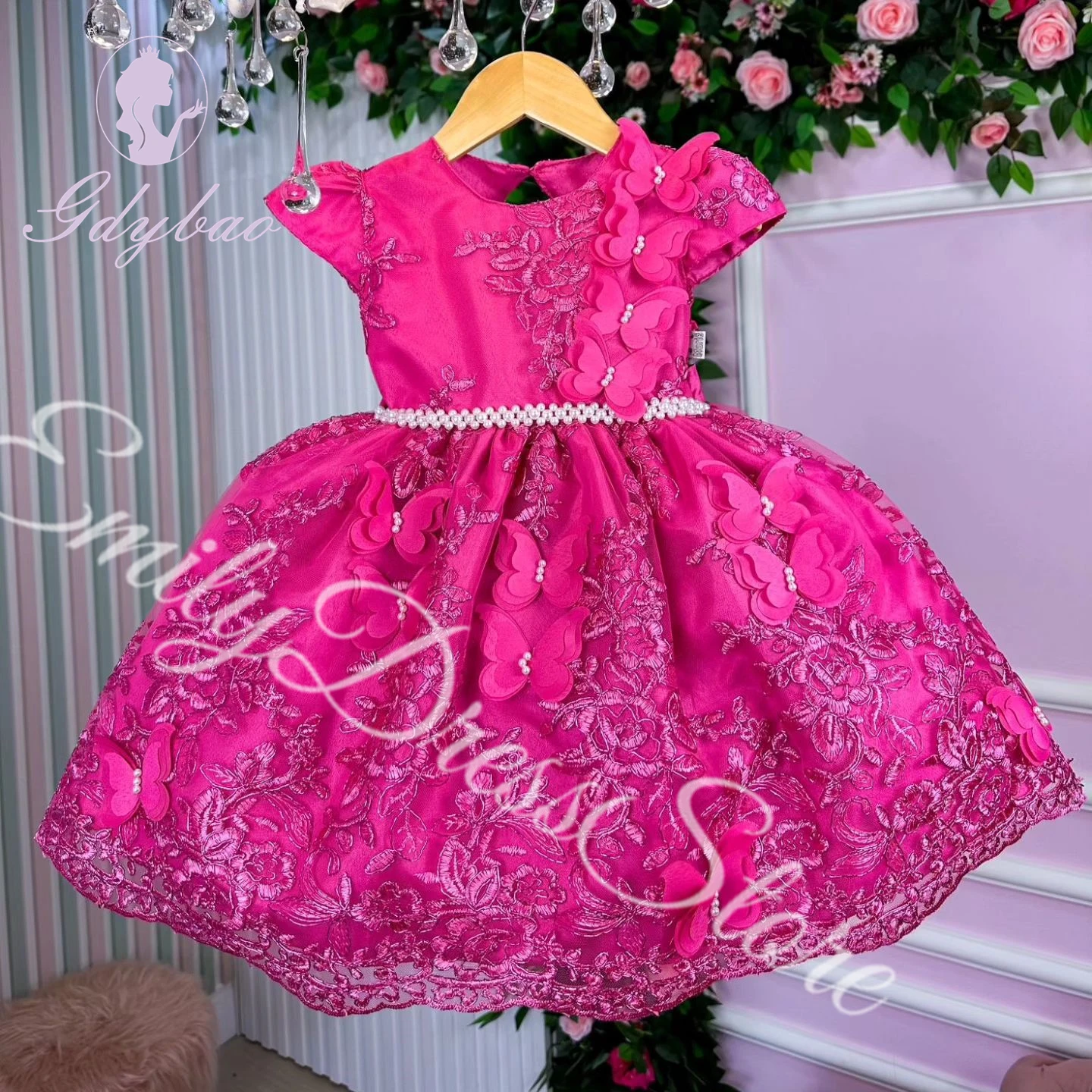 Customized Pink Flower Girl Dress For Wedding Tulle Applqique Lace Puffy With Bow Princess Kids Birthday First Communion Gown