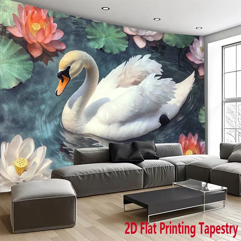 Elegant Swan and Lotus Floral Nature Tapestry Mural Large Wall Decor Art Print Watercolor Background for Living Room Bedroom