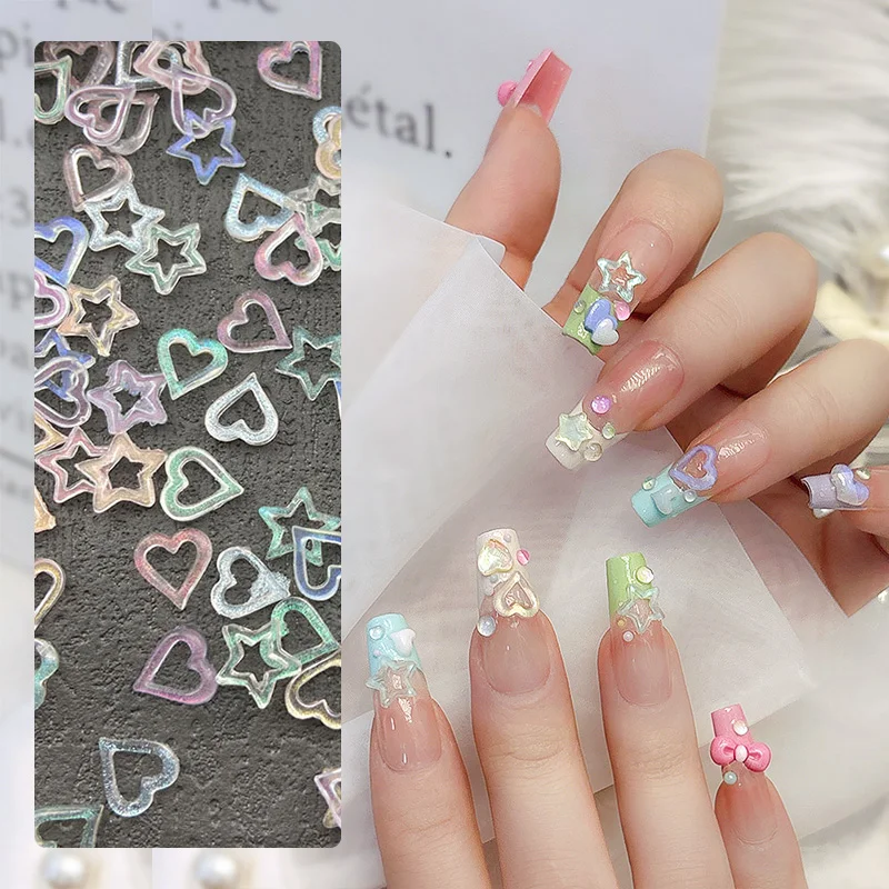 100pcs Hollow Love Heart Pentagram Nail Art Charms Parts Mixed Summer Ice Transparent 3D Resin Love Star Nails Decorations