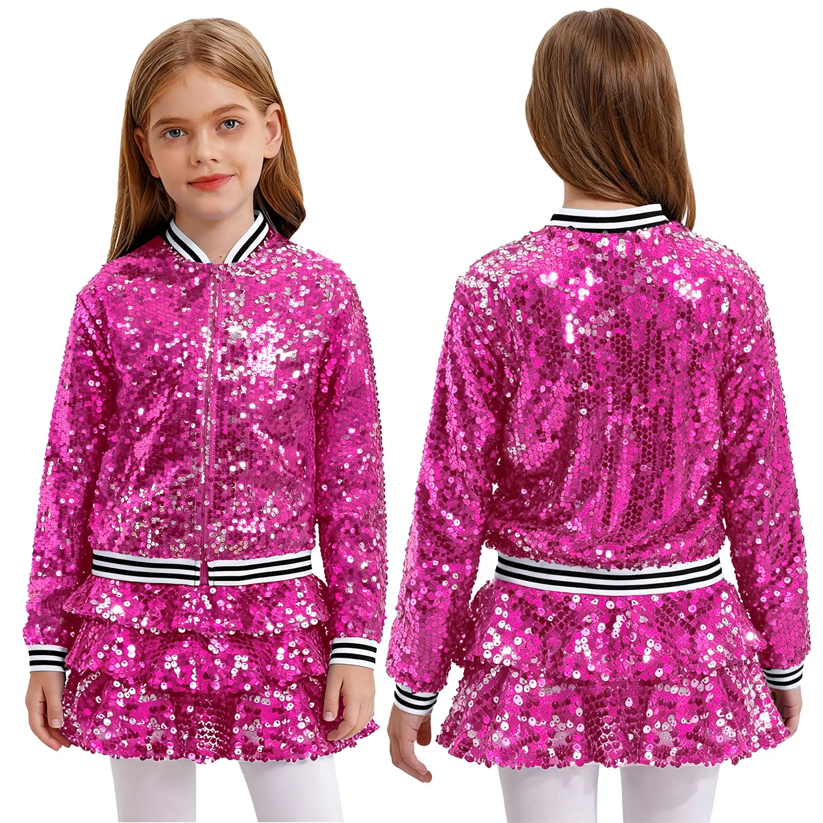 

Детский костюм для выступлений в стиле хип-хоп, джаз, уличных танцев, блестящая бейсбольная куртка с блестками, верхняя одежда с брюками-кюлотами, вечерние танцевальная одежда