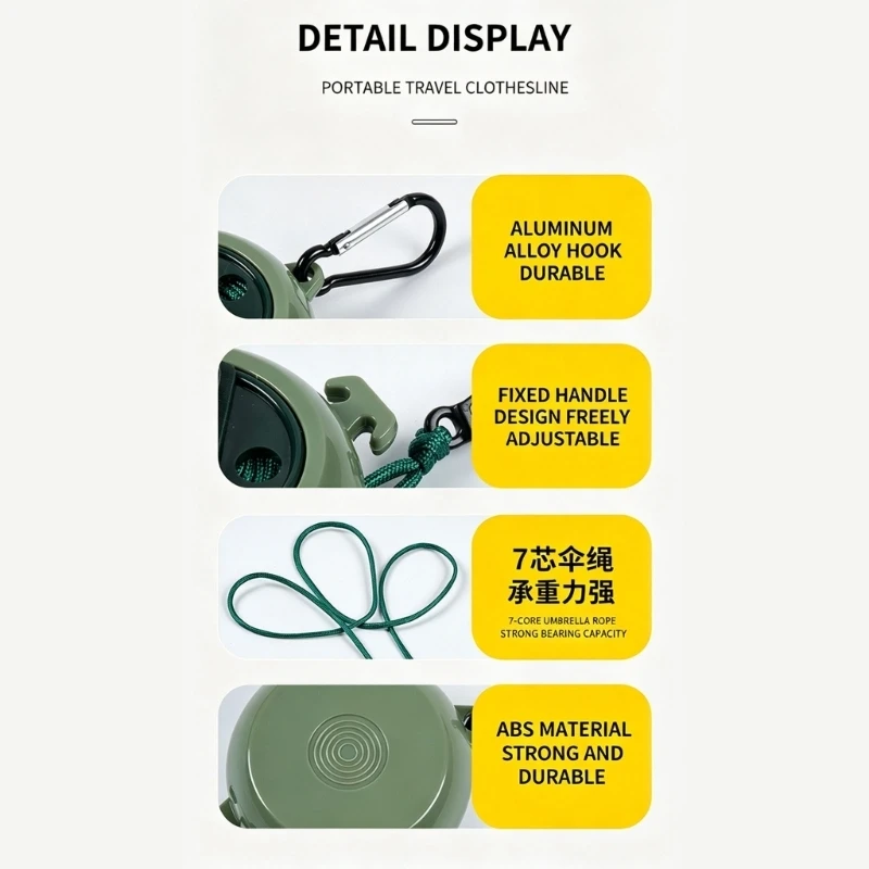 C7AC Temporary Drying Line with End Clip and Storage Case, Portable Clothesline for Travel Dorm Balcony Laundry Use