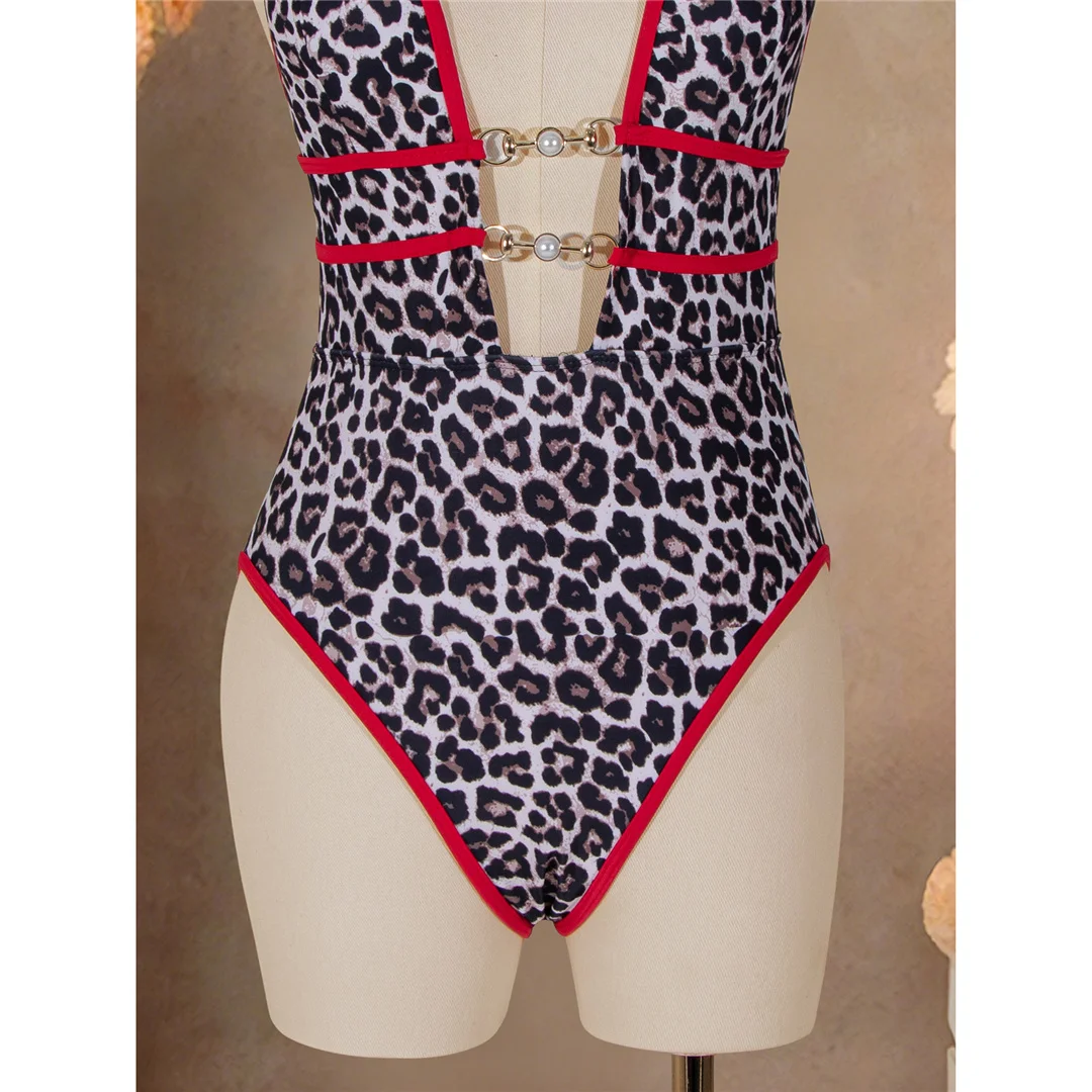 Leopard-Halter-Badeanzug mit tiefem V-Ausschnitt, einteilig, Damen-Bademode, rückenfreies Design, hoher Beinausschnitt, gepolstert, Badeanzug, Modell V7810. – Detail 9