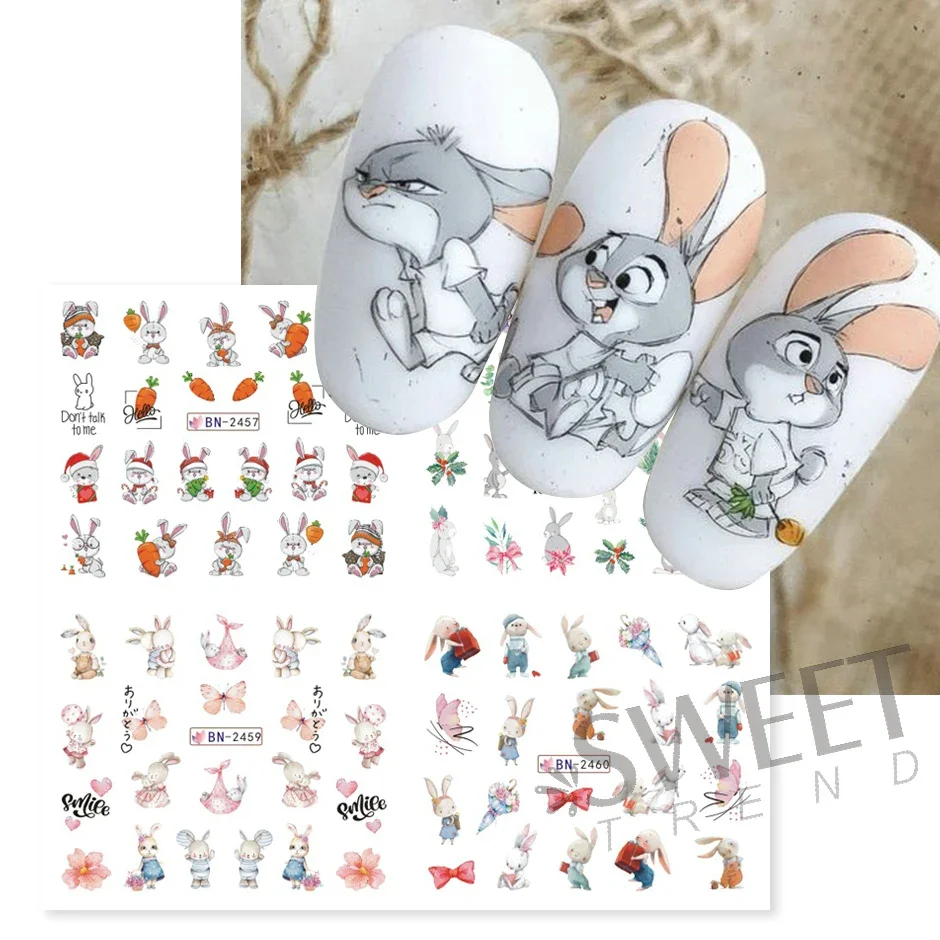 Śliczne królik nowy rok paznokci naklejki 3D Cartoon mądrość Bunny Transfer suwaki wiosenne kwiaty akwarela Anime naklejki do Manicure LYBN