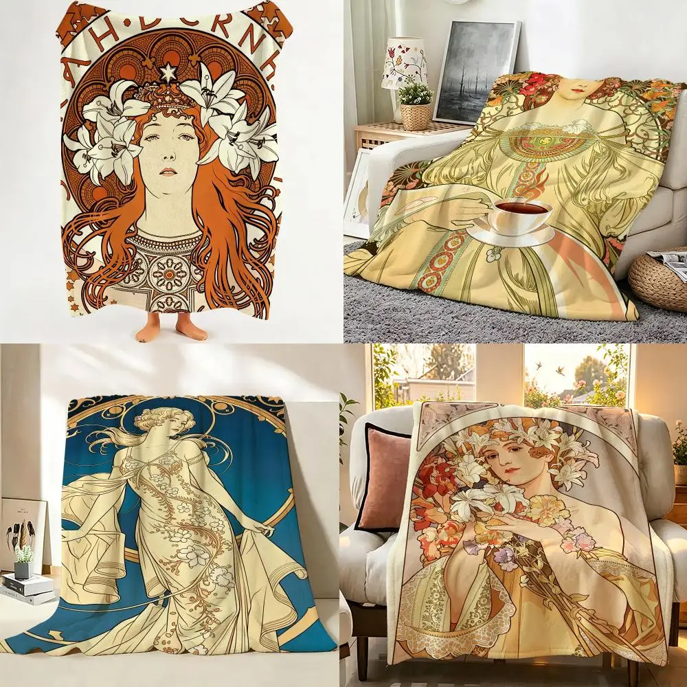 Artist Nouveau A-Alphonse Mucha Throw Flannel Throw Blanket Suitable warm for Sofa、Living Room、Bedroom soft