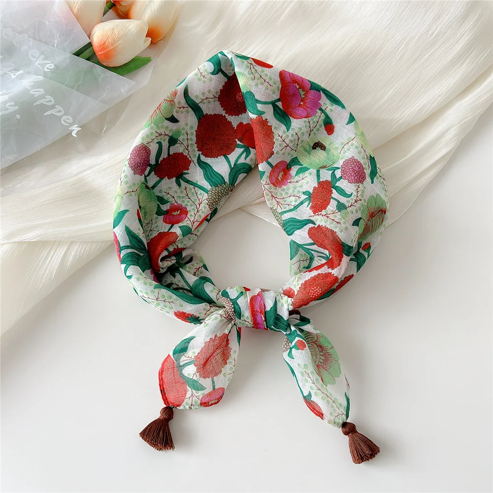 Cotton Linen Fringed Square Neckerchief Womens Versatile Wrap for Daily Office Spring Autumn Elegant Multicolor Neck Warm