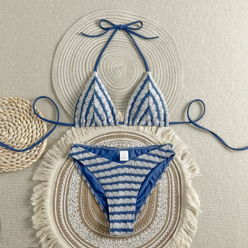 

New two-piece swimsuit for women, sexy striped halter neck bikini with a stylish design and open back