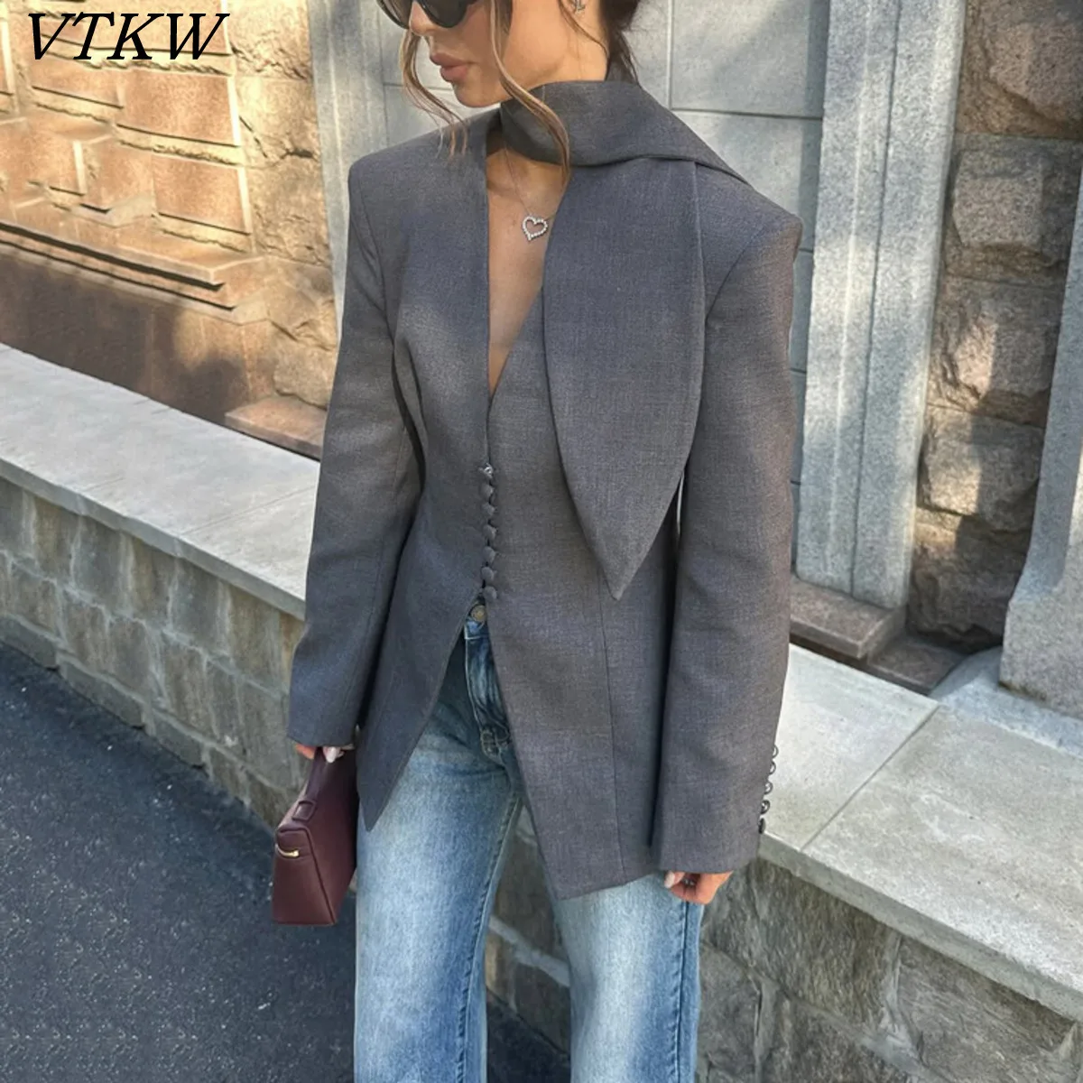 

Женский приталенный блейзер VTKW с высоким воротником-шалью, на нескольких пуговицах, цвета угольно-серый, элегантный, для офиса, современный шик
