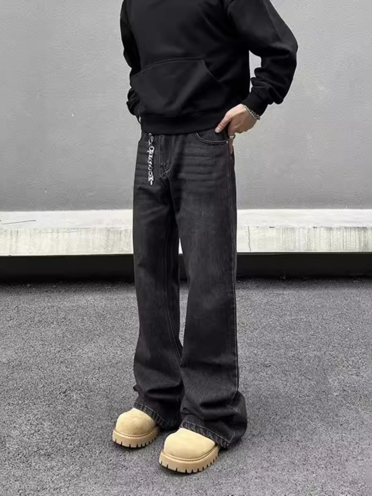 

Paris Bootcut Men's Jeans Black Grey Washed Straight Leg Long Trousers American Vibe Jeans Youth Fashion Straight Cut Jeans