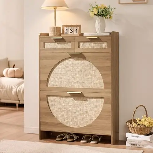 Rattan Shoe Storage Cabinet with 2 Flip Drawers & 2 Drawers, Freestanding Organizer for Front Door Entrance, Hidden