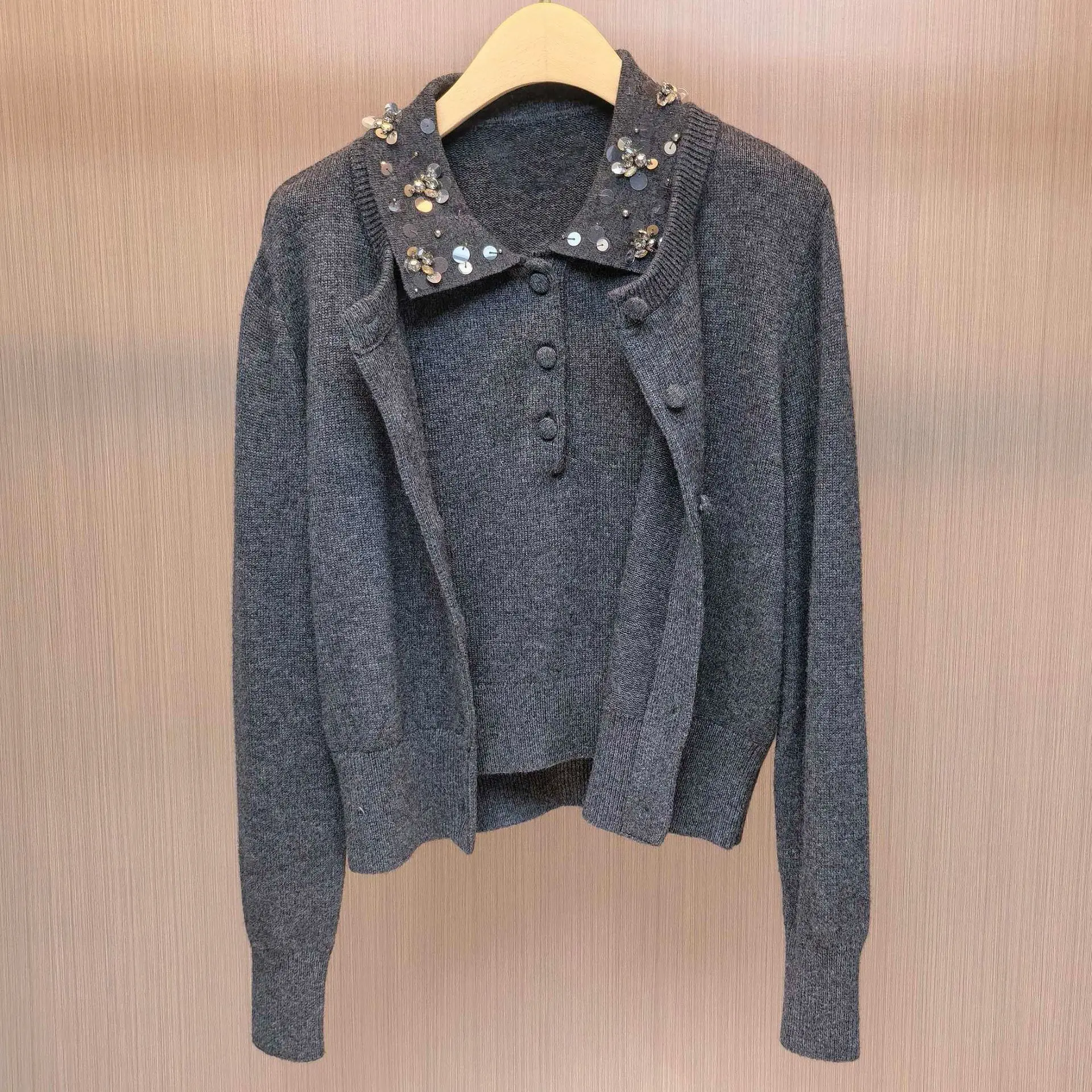 French Style Two Piece Set Women 2025 Autumn Winter New Sparkle Lapel Loose Knit Sweater Set