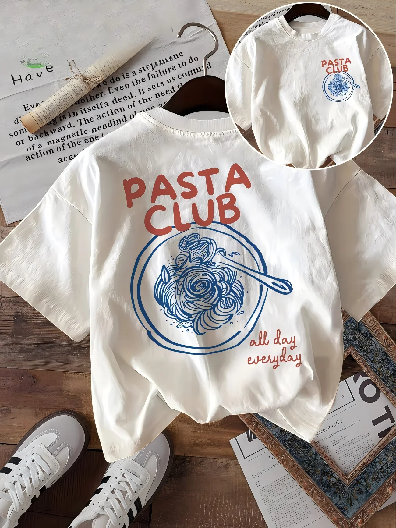 Pasta Club Graphic T-Shirt Women Italian Summer Spaghetti Print Tee Vintage Aesthetic Harajuku Short Sleeve Casual Summer Top