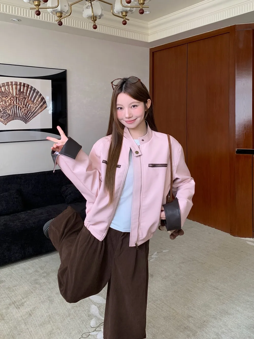

Casual Pink PU Leather Jacket And High Waist Corduroy Wide Leg Pants Two Piece Set Women's Fashion Ensemble Spring Autumn