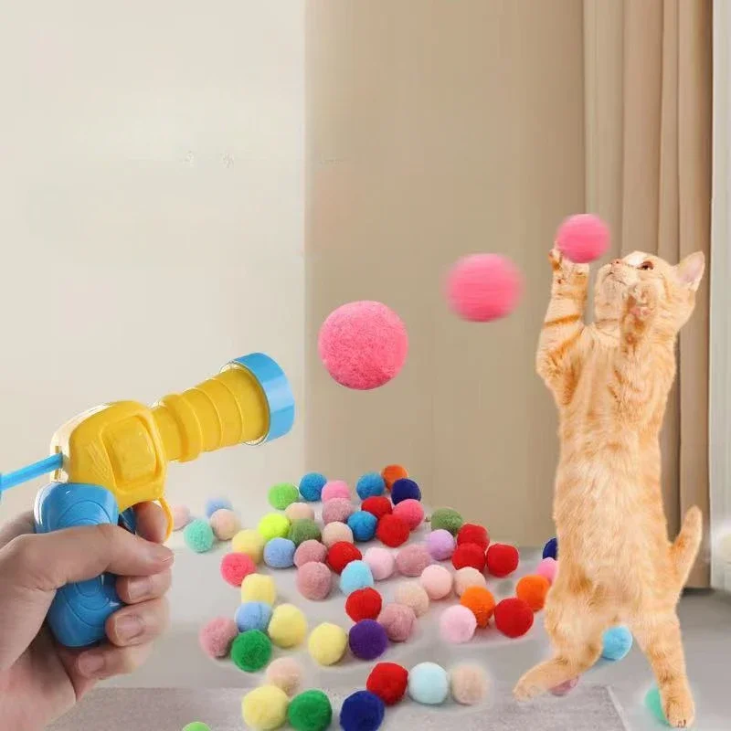 1 Set Cat Toy Interactive High Fun Toy Gun Set Plush Ball Launches Quiet High Bounce Ball To Tease The Cat